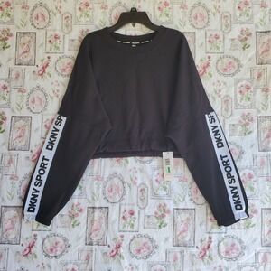 DKNY Women Crop Sweater Black With Sport Strip on Long‎ Sleeves Size L NWT